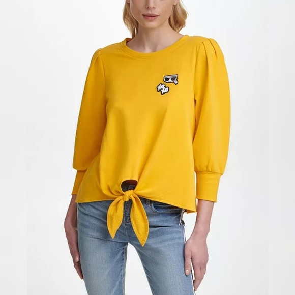 KARL LAGERFELD Paris Emoji Patch Tie Top Sz L Yellow Banded Sleeve Minimalist - Picture 12 of 12
